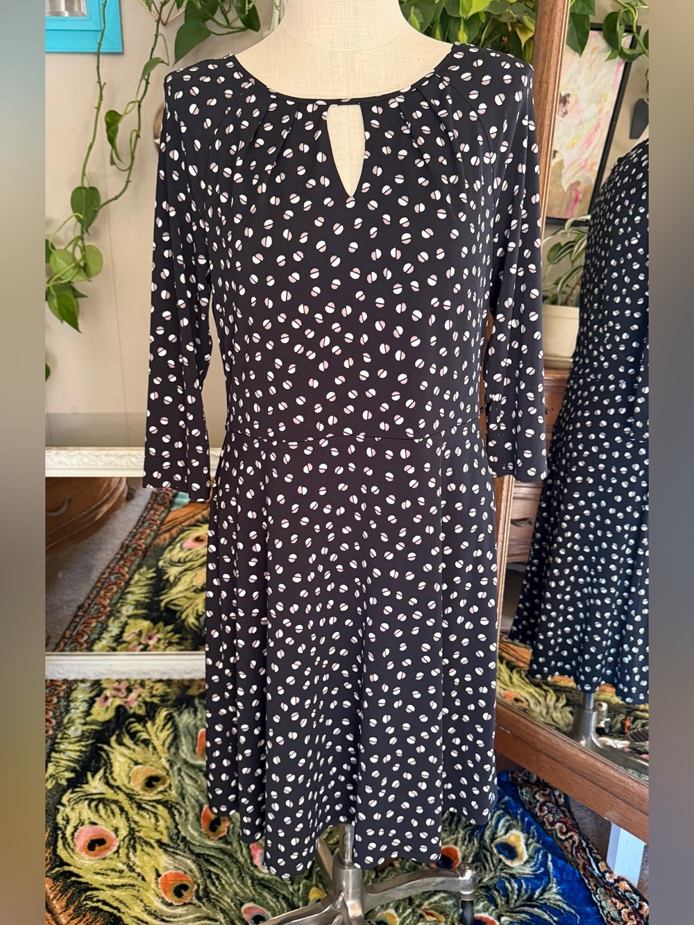 Ann Taylor Factory Black and White Polka Dot Long Sleeve Fit & Flare Dress, 12